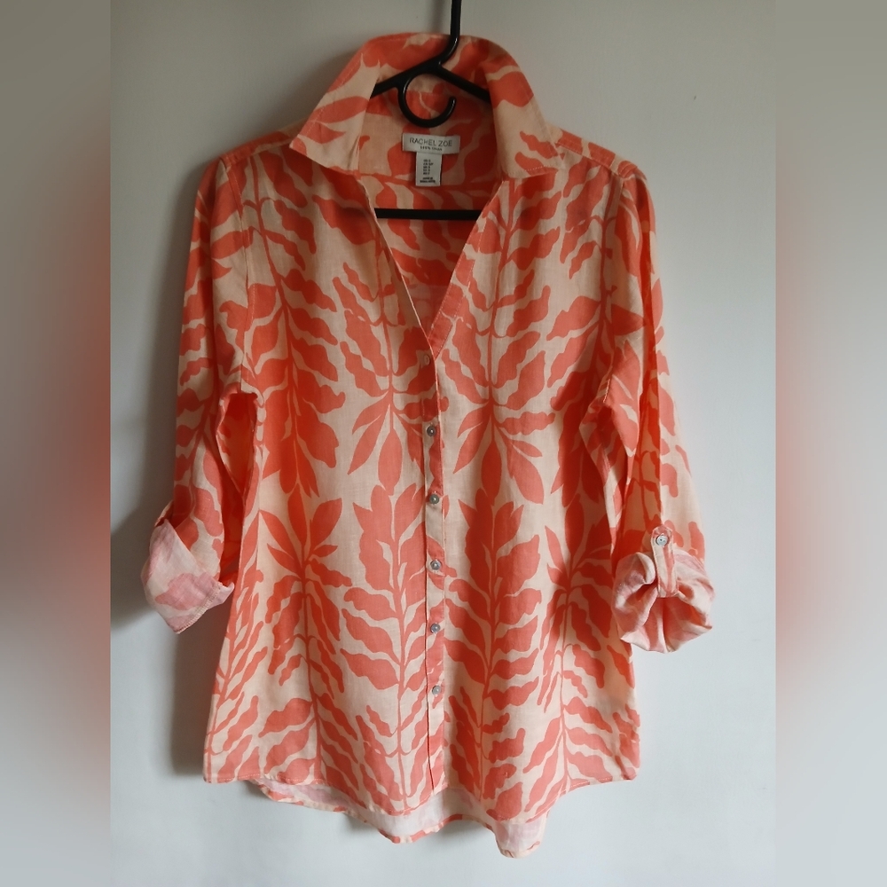 Rachel Zoe 100% Linen Orange Leaf Print Blouse SzSm Oversized Roll Tab Sleeve - Picture 8 of 9